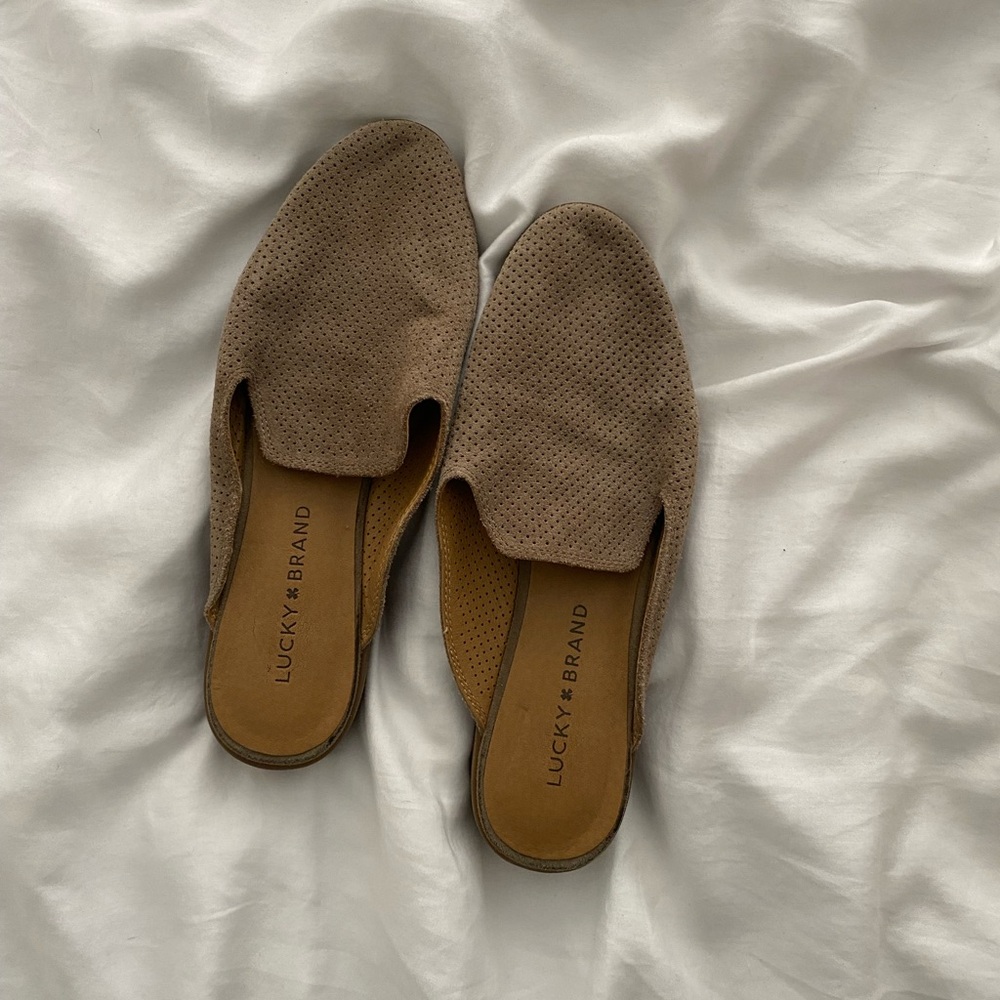 Suede Taupe Tan Loafer Slides